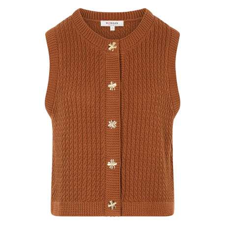 Gilet en coton camel uni avec une coupe droite et un col rond