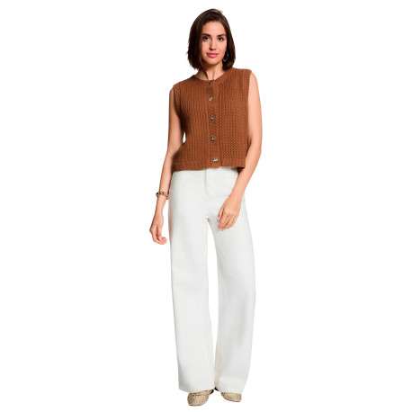 Gilet en coton camel uni avec une coupe droite et un col rond - Image 2