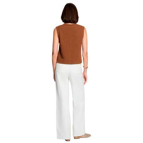Gilet en coton camel uni avec une coupe droite et un col rond - Image 3
