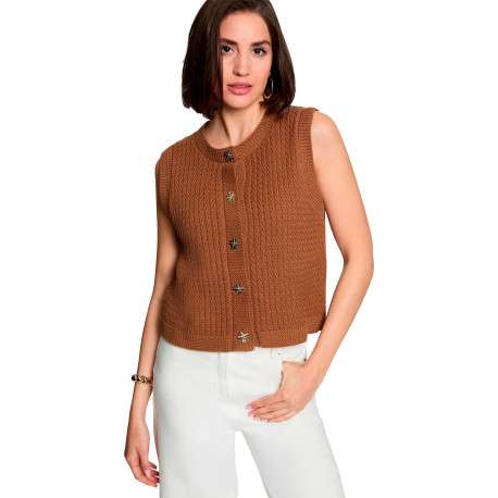 Gilet en coton camel uni avec une coupe droite et un col rond - Image 4