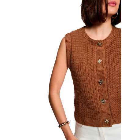 Gilet en coton camel uni avec une coupe droite et un col rond - Image 5