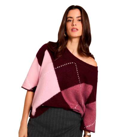 Pull prune à carreaux avec une coupe droite et des manches courtes - Image 4
