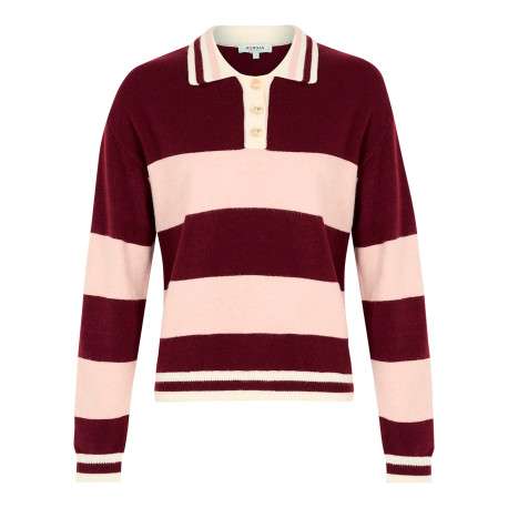 Pull bordeaux à rayures avec une coupe droite et un col polo
