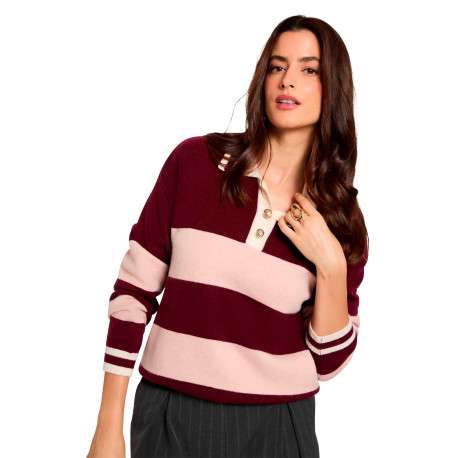 Pull bordeaux à rayures avec une coupe droite et un col polo - Image 4