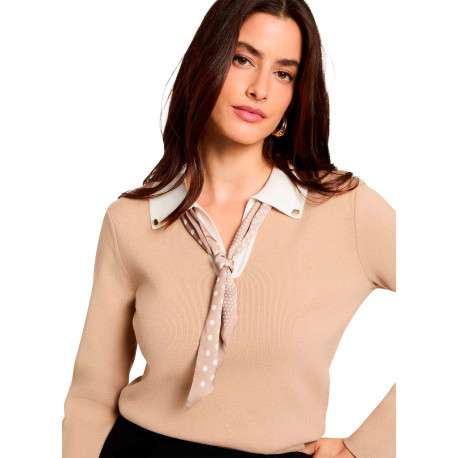 Pull beige uni avec une coupe droite et des manches longues - Image 4