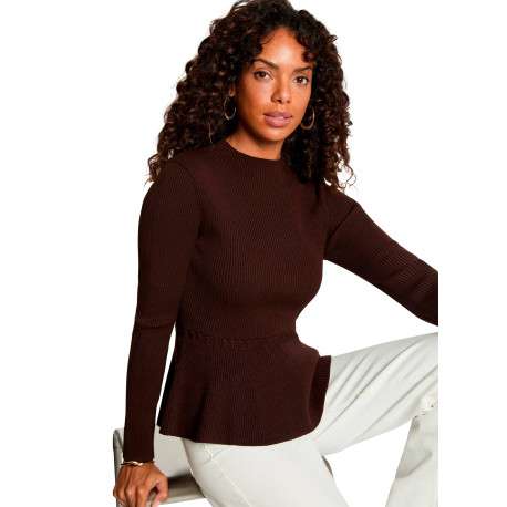 Pull chocolat uni avec une coupe cintrée et des manches longues - Image 4