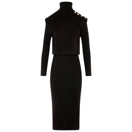 Robe longue noire unie avec une coupe droite et un col roulé