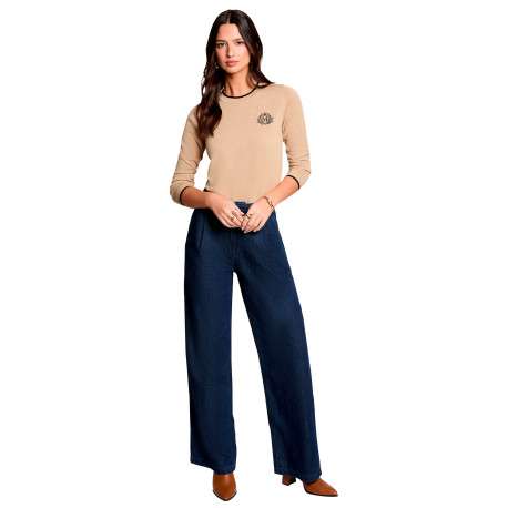 Pull beige uni avec une coupe droite et des manches longues - Image 2