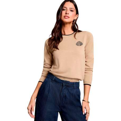 Pull beige uni avec une coupe droite et des manches longues - Image 4