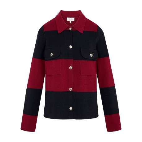 Pull bordeaux à rayures avec une coupe droite et un col à revers
