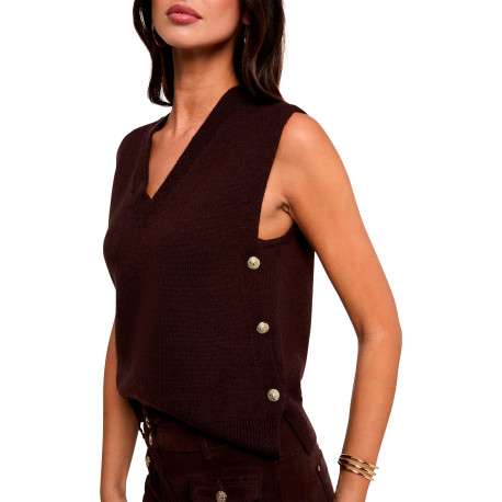 Pull chocolat uni sans manche avec une coupe droite et un col V - Image 4