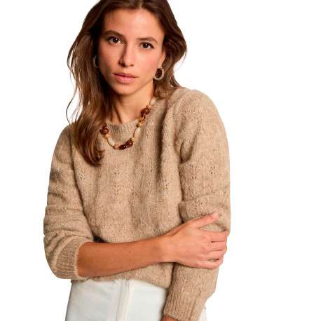 Pull beige uni avec une coupe droite et des manches longues - Image 4