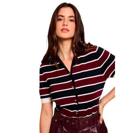 Gilet bordeaux à rayures avec une coupe droite et un col à revers - Image 4