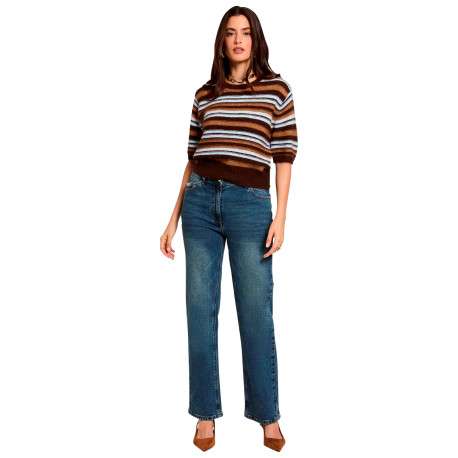 Pull marron à rayures avec une coupe droite et des manches courtes - Image 2