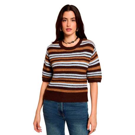 Pull marron à rayures avec une coupe droite et des manches courtes - Image 4
