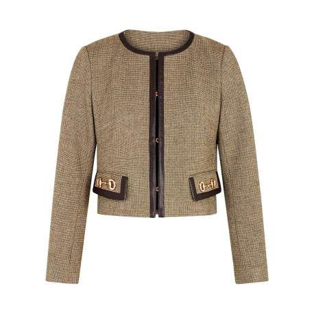 Blouson kaki à motif pied-de-poule avec une coupe droite et un col rond
