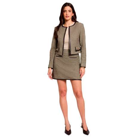 Blouson kaki à motif pied-de-poule avec une coupe droite et un col rond - Image 2