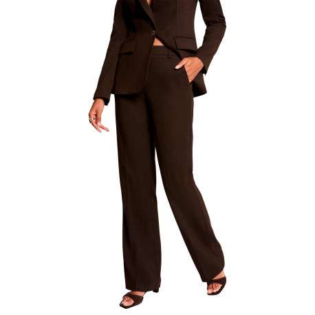 Pantalon marron uni avec une coupe bootcut muni d'un zip et d'un bouton - Image 2