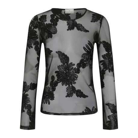 T-shirt noir à motifs floraux avec une coupe droite et un col rond