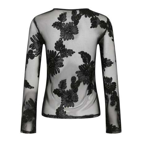T-shirt noir à motifs floraux avec une coupe droite et un col rond - Image 2