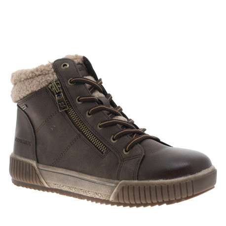 Bottines chocolat à talon plat et à lacets bicolores dotées d'un zip latéral