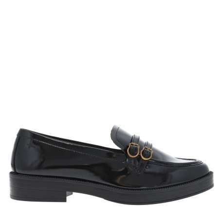 Mocassins noirs vernis à talon décroché bas pourvus de boucles à ardillons - Image 2