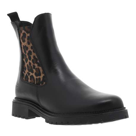 Boots en cuir noires à talon décroché bas avec soufflets élastiqués léopard