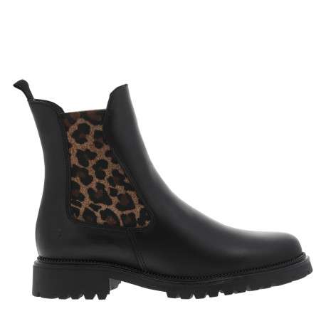 Boots en cuir noires à talon décroché bas avec soufflets élastiqués léopard - Image 2