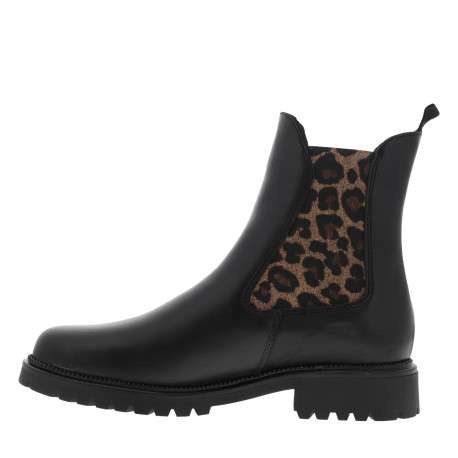 Boots en cuir noires à talon décroché bas avec soufflets élastiqués léopard - Image 3