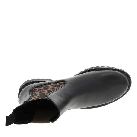 Boots en cuir noires à talon décroché bas avec soufflets élastiqués léopard - Image 5