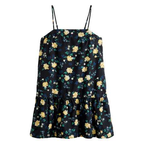 Robe longue en coton noire floral avec une coupe droite et des bretelles