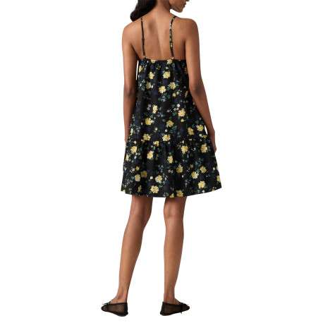 Robe longue en coton noire floral avec une coupe droite et des bretelles - Image 4