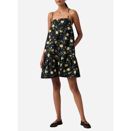 Robe longue en coton noire floral avec une coupe droite et des bretelles - Image 6