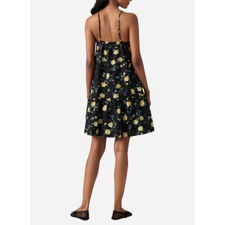 Robe longue en coton noire floral avec une coupe droite et des bretelles - Image 7