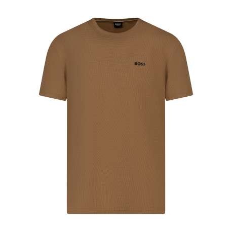 T-shirt en coton mélangé beige foncé à coupe droite muni d'un col rond