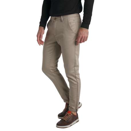 Pantalon chino en coton beige uni avec une coupe slim et des ourlets - Image 4