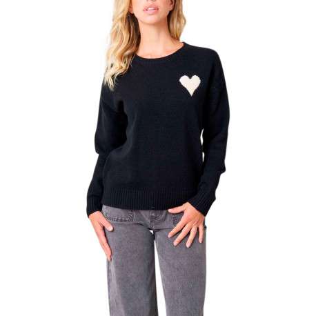 Pull noir uni en maille fine avec un cœur blanc et une coupe droite