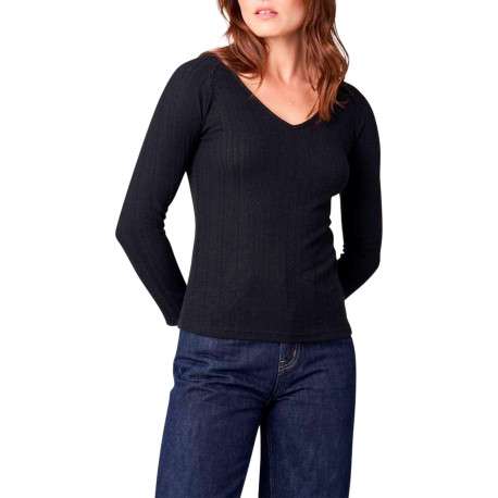 Top noir uni en maille fine avec une coupe ajustée et un col v