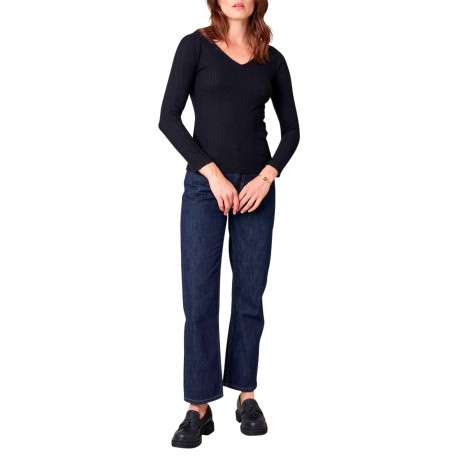 Top noir uni en maille fine avec une coupe ajustée et un col v - Image 3