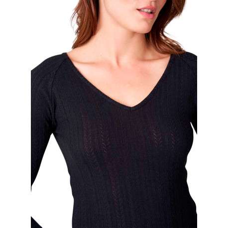 Top noir uni en maille fine avec une coupe ajustée et un col v - Image 4