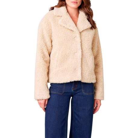 Blouson beige uni en tissu bouclette avec un col à revers cranté