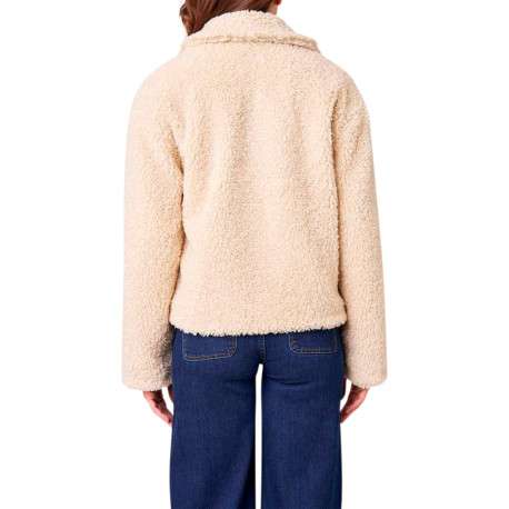 Blouson beige uni en tissu bouclette avec un col à revers cranté - Image 2