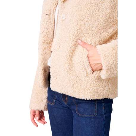 Blouson beige uni en tissu bouclette avec un col à revers cranté - Image 4