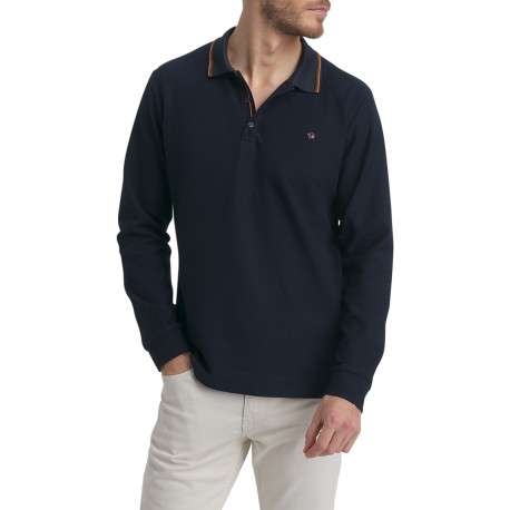 Polo en coton bleu marine uni munie d'une coupe droite et un col boutonné