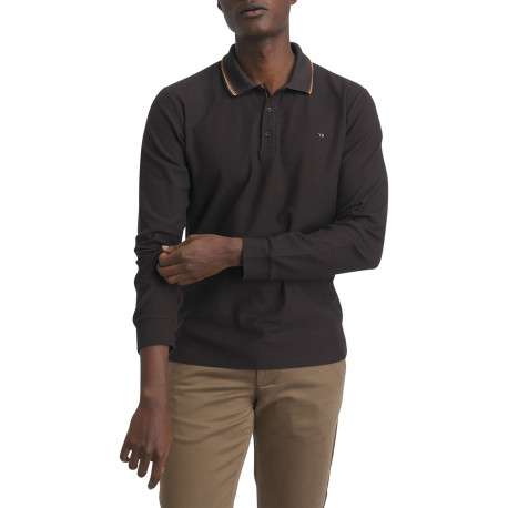 Polo en coton chocolat uni doté d'une coupe droite et d'un col boutonné