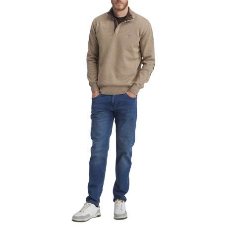 Pull en coton mélangé beige uni doté d'un col camionneur et des manches longues