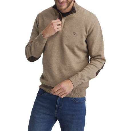 Pull en coton mélangé beige uni doté d'un col camionneur et des manches longues - Image 4