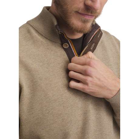 Pull en coton mélangé beige uni doté d'un col camionneur et des manches longues - Image 5
