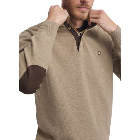 Pull en coton mélangé beige uni doté d'un col camionneur et des manches longues - Image 6