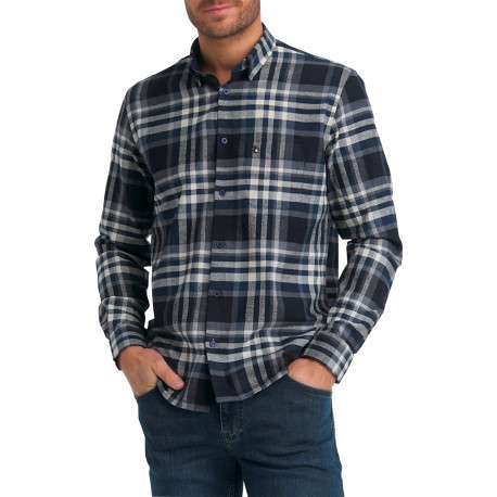 Chemise en coton bleu marine à carreaux pourvue d'une coupe ajustée col à revers